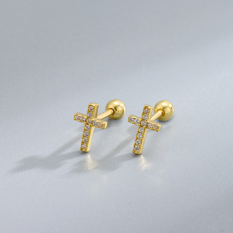 Women's Sterling Sier Cross Screw Needle Earplugs Ear Personalized Earrings