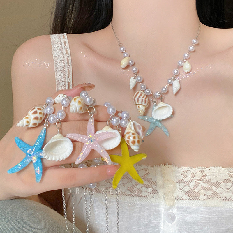 Women's Color Shell Starfish Beaded For Beach Vacation Niche Design Sweet Necklace