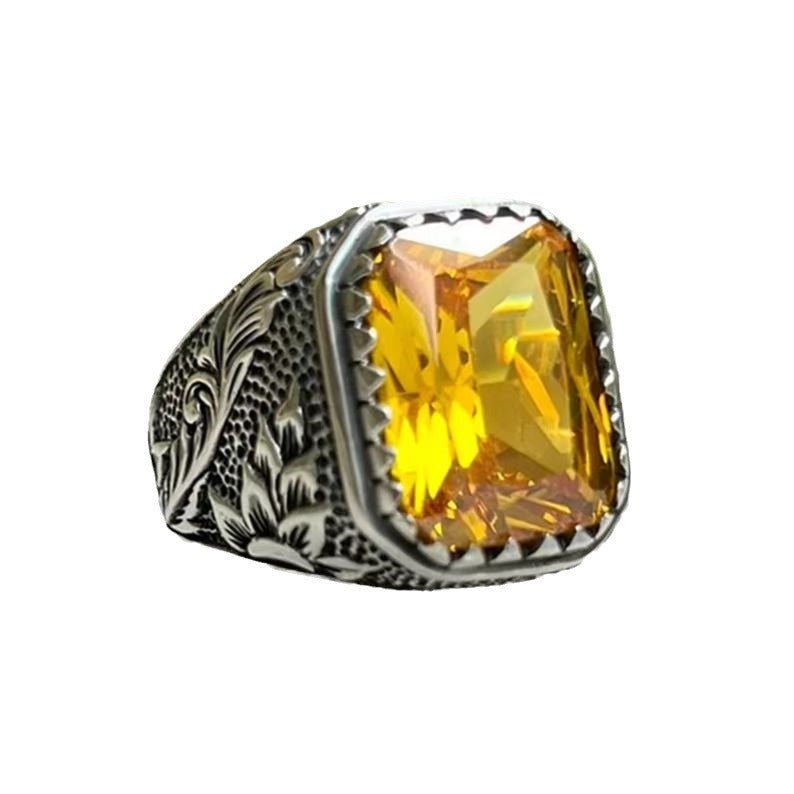 Retro National Style Texture Inlaid Yellow Rings