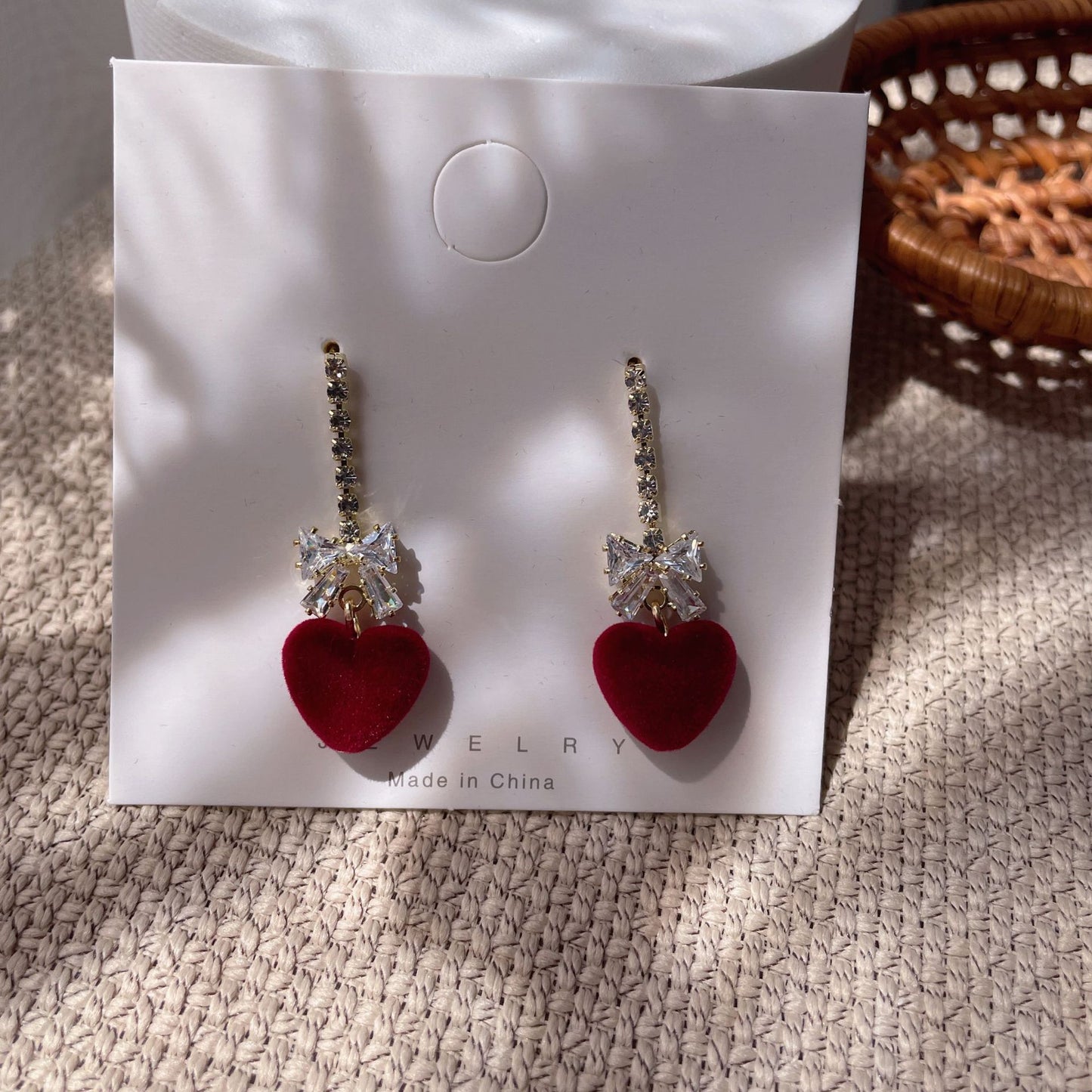 Bridal Red Veet Bow Heart Pearl Toast Earrings