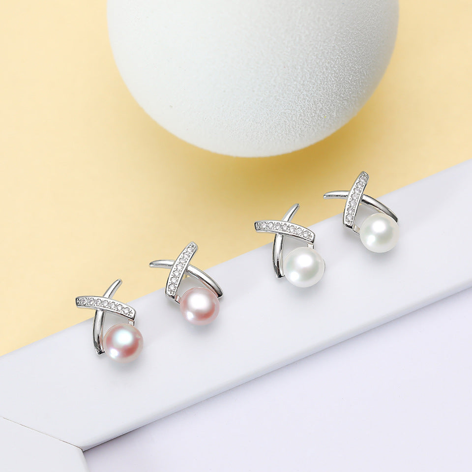Natural Freshwater Pearl Ear X-shaped Cross Line Stud Earrings