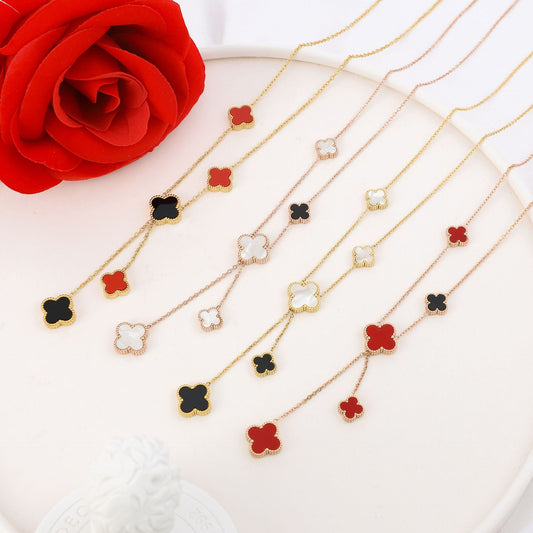 Women's Korean Simple Double-sided Clover Tassel Titanium Necklaces