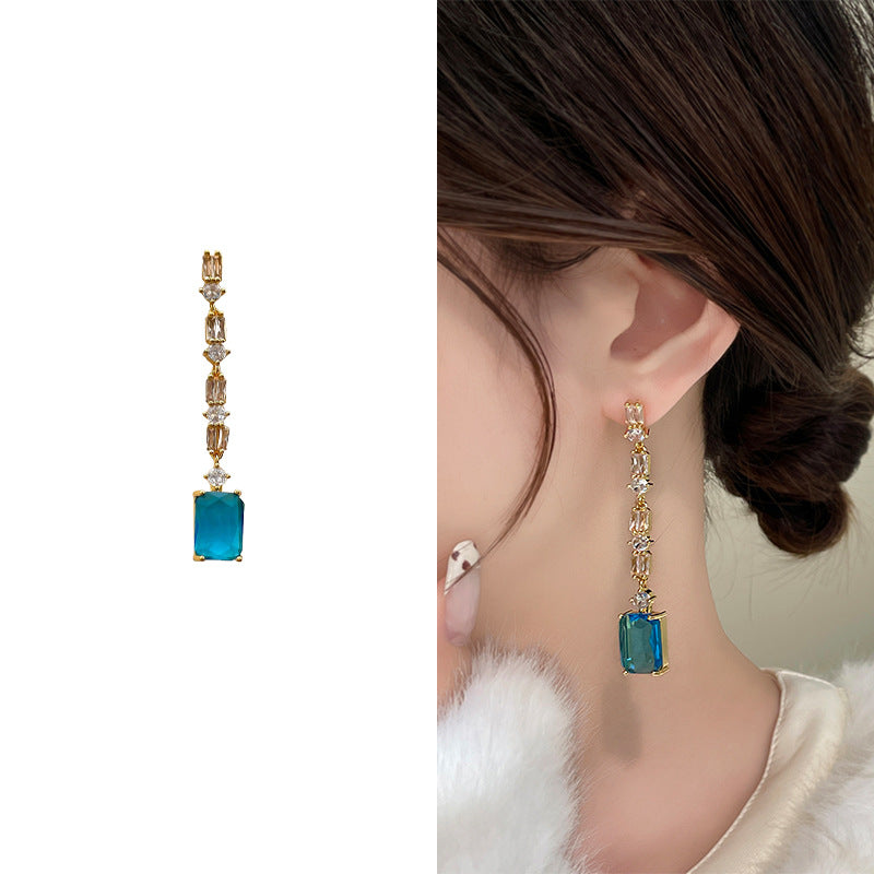 Blue Rhinestone Zircon Geometric Flower Light Luxury High-grade Design Sense Earrings