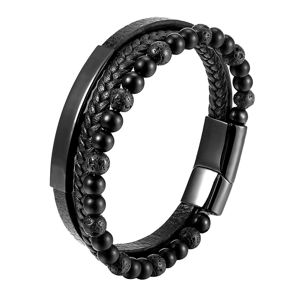 Men's Natural Stone Volcanic Rock Leather Stainless Bracelets