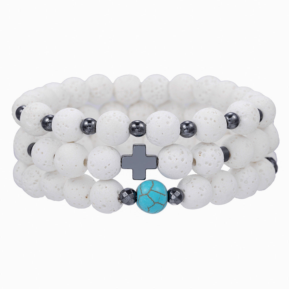 Men's Haematite Cross Beaded White Volcanic Stone Bracelets