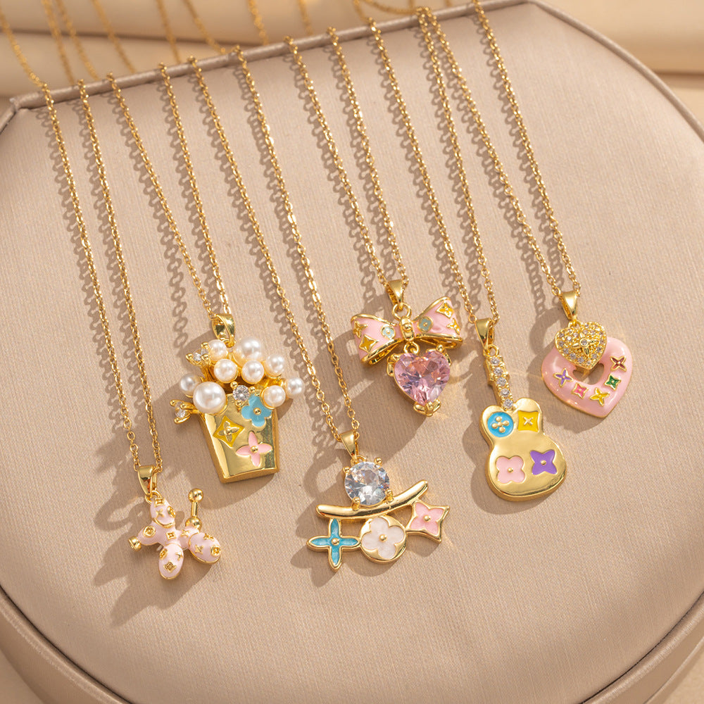 Love Heart Flowers Enamel Fashion Micro Inlaid Zircon Necklace