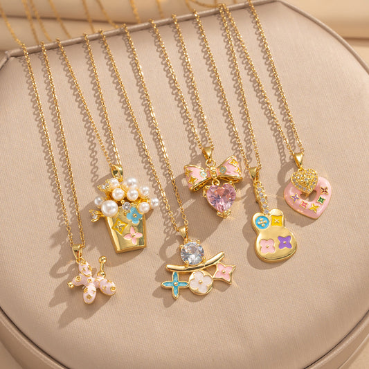 Love Heart Flowers Enamel Fashion Micro Inlaid Zircon Necklace