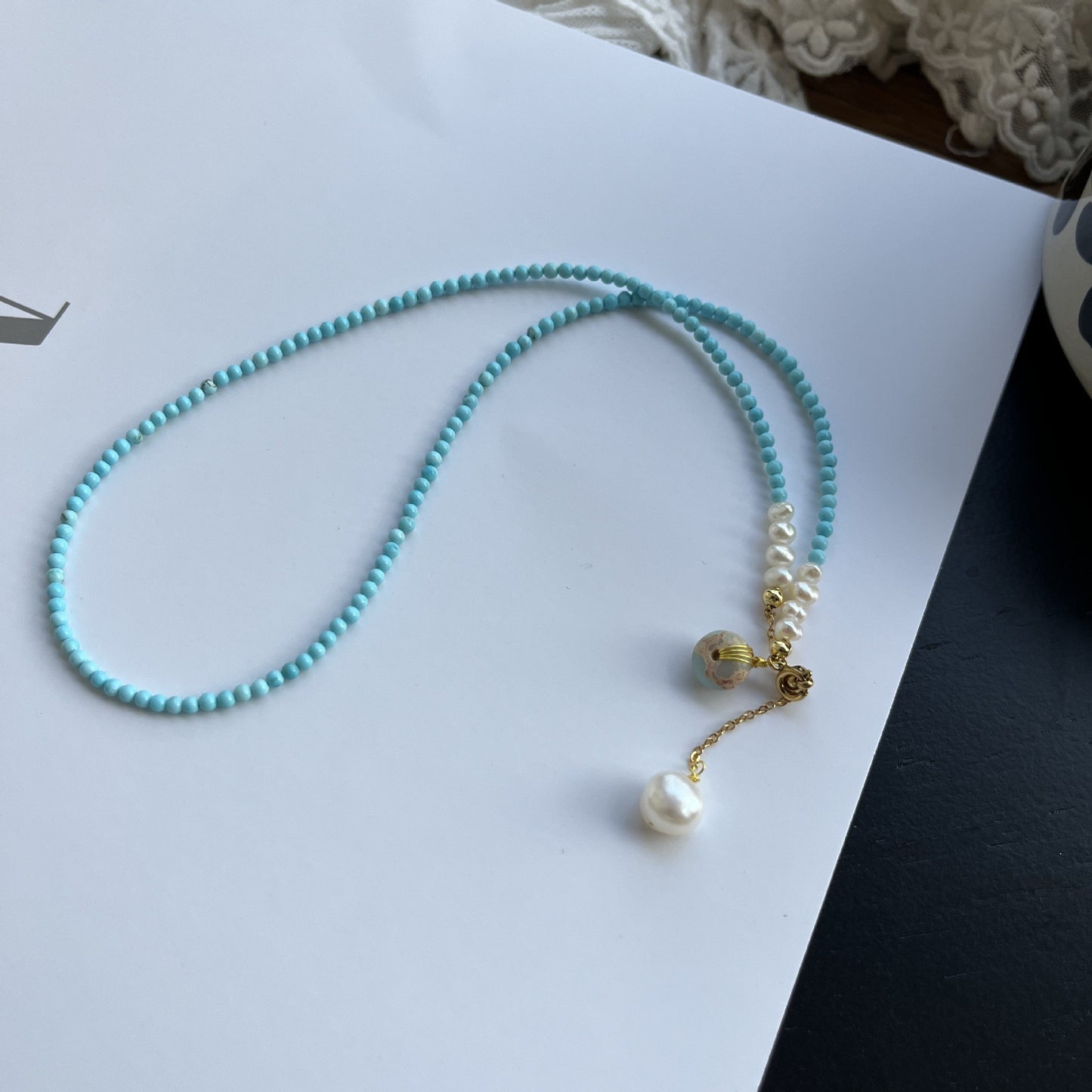 Natural Turquoise Freshwater Pearl Chinese Style Stone National Minority Simple Necklace