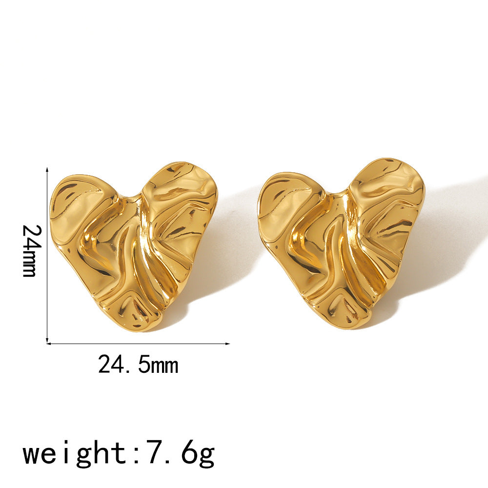 Women's Fashionable Gold Stainless Steel Geometric Pleated Texture Earrings