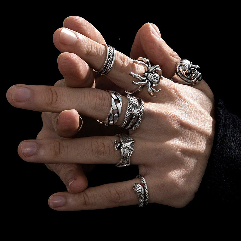 Men's Retro Old Spider Snake Bat Skull Ring