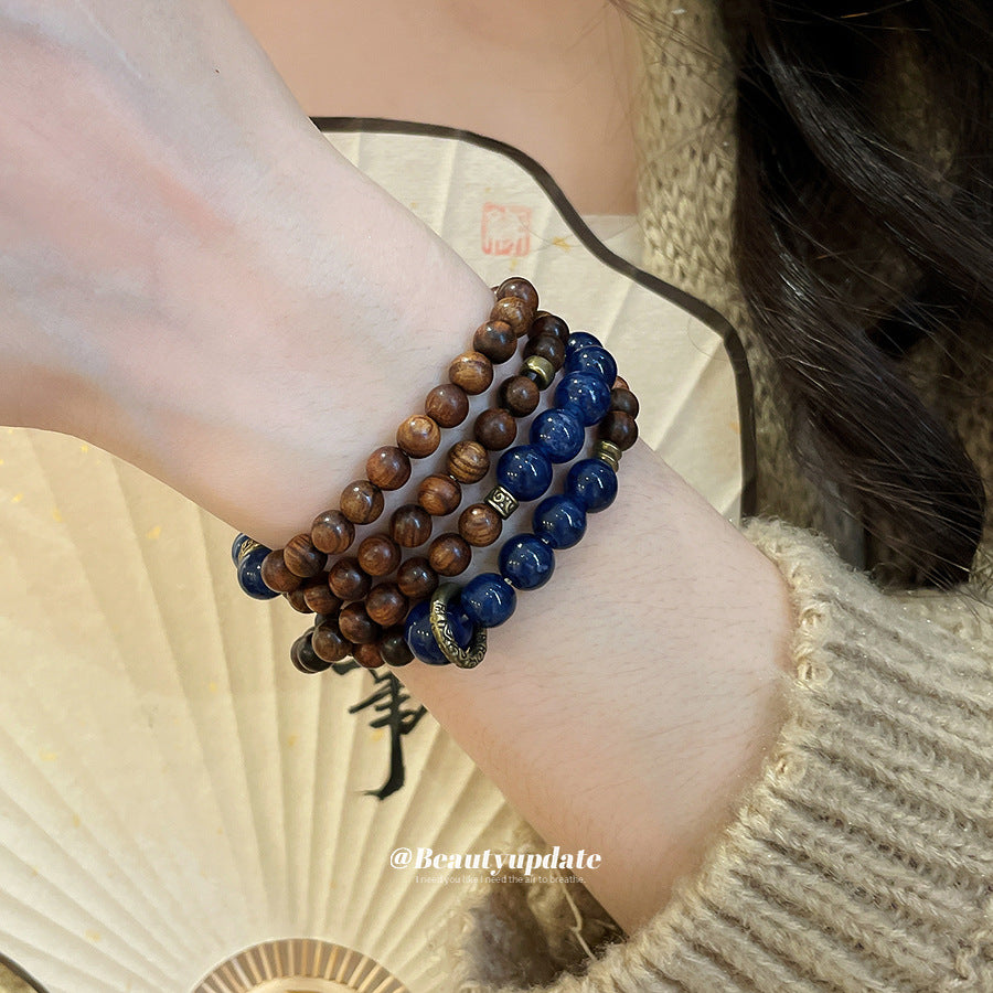 Style Cold Feeling Twin Female Lapis Lazuli Wooden Bead Beaded Bracelet
