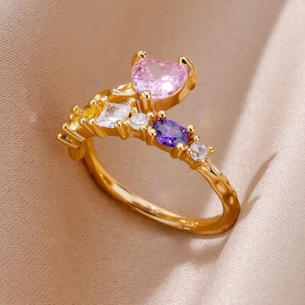 Women's Pink Loving Heart Zircon Gold-plated Starry Border Ring
