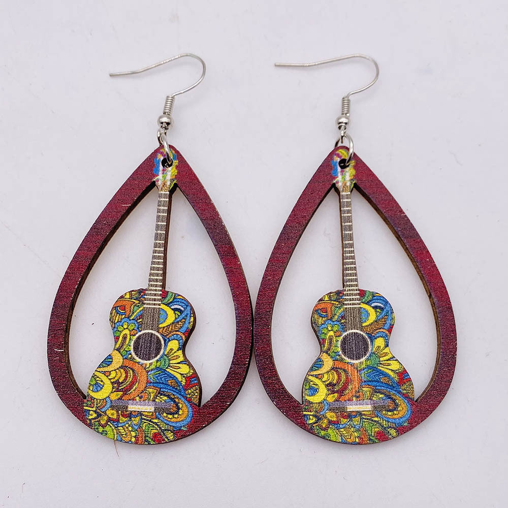 Hollow Out Guitar Wooden Fashion Musical Instrument Earrings