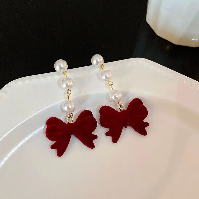 Bow Tassel Pearl Female Fairy Red Earrings