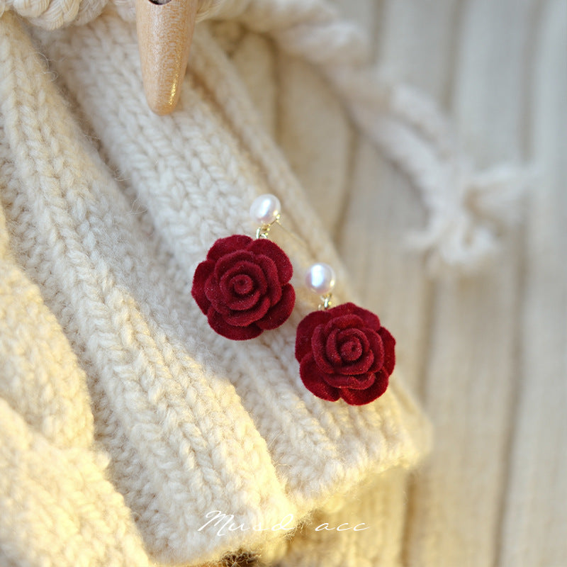 Women's Retro Style Veet Red Rose Ear Stud Earrings