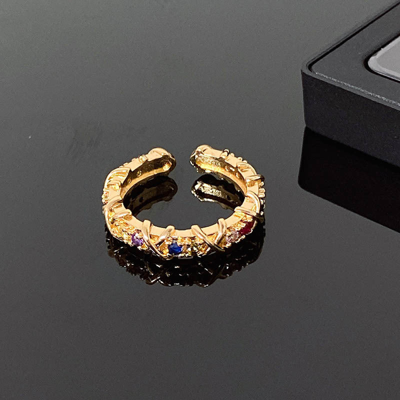 French Entry Lux Cross Colorful Crystals Open Rings