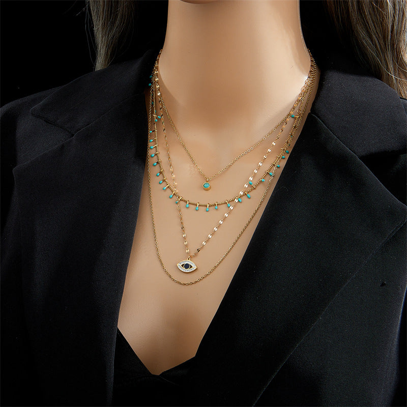 Fashion Chain Irregular Diamond Eye Turquoise Titanium Steel Necklace