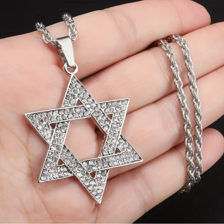 Men's Stainless Steel Full Diamond Hip Hop Six-pointed Star Trendy Fashion Necklace