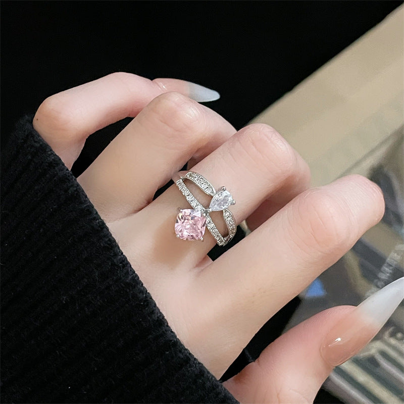 Colorful Crystals Open Bow Flower Design Elegant Light Rings