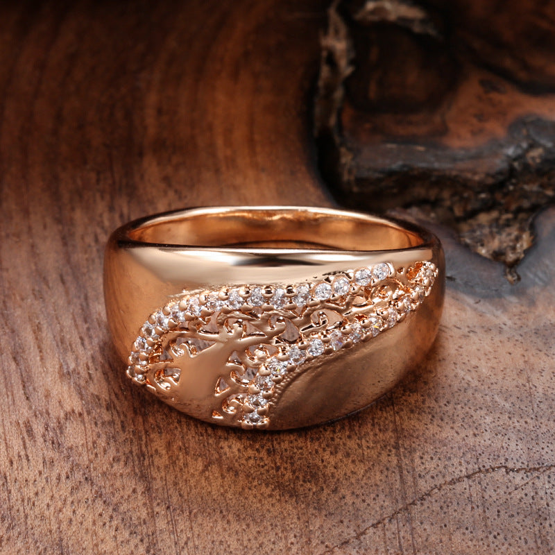 Korean Style Popular Copper Gold-plated Zircon Fashionable Elegant Glossy Carved Rings