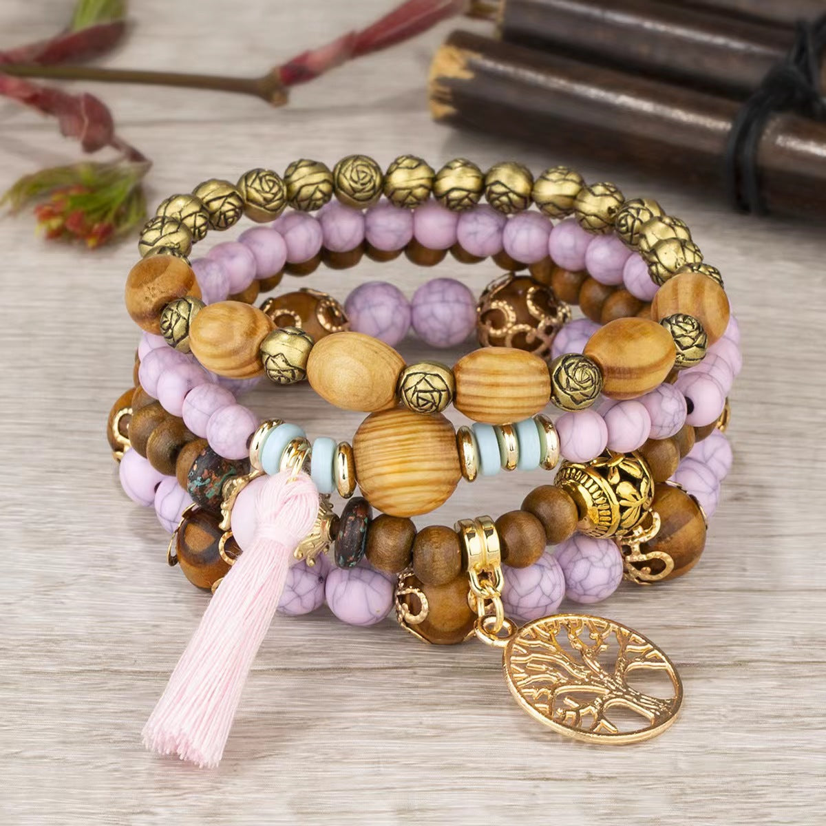 Bohemian Style Wooden Bead Beaded Elastic Bracelets