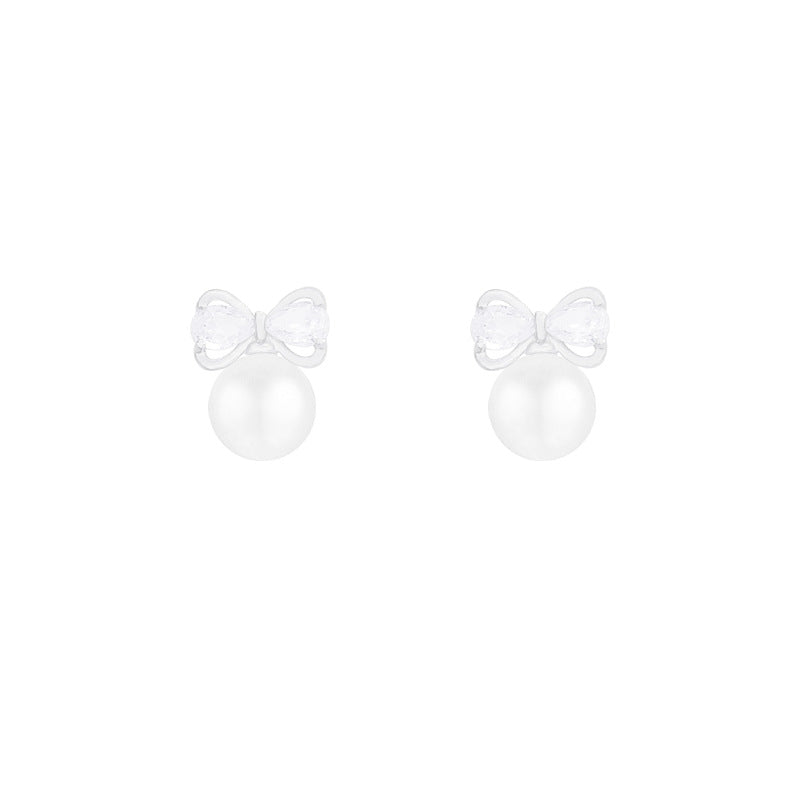 Women's Cute Compact Delicate Pearl Bow Love Earrings