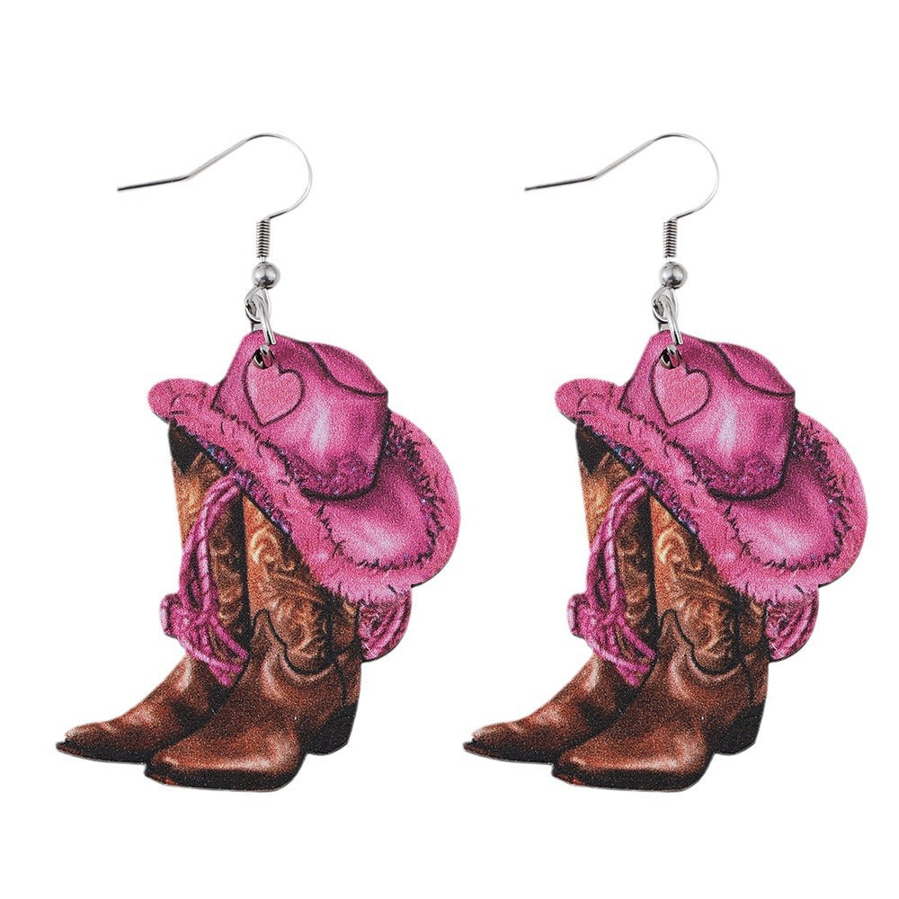 Women's Western Style Pink Denim Hat Cowboy Earrings