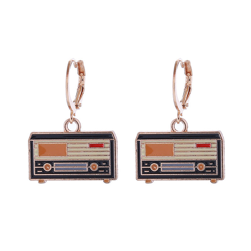 Retro Nostalgic Style Alloy Enamel Bicycle Bus Sewing Machine Tape Earrings
