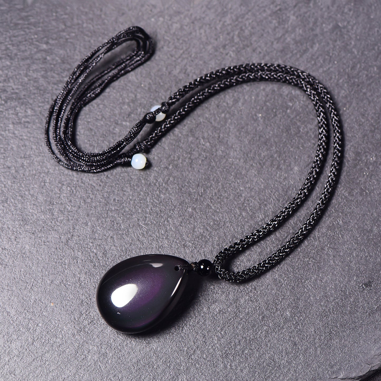 Men's Natural Rainbow Eye Obsidian Water Drop Chain Couple Pendants