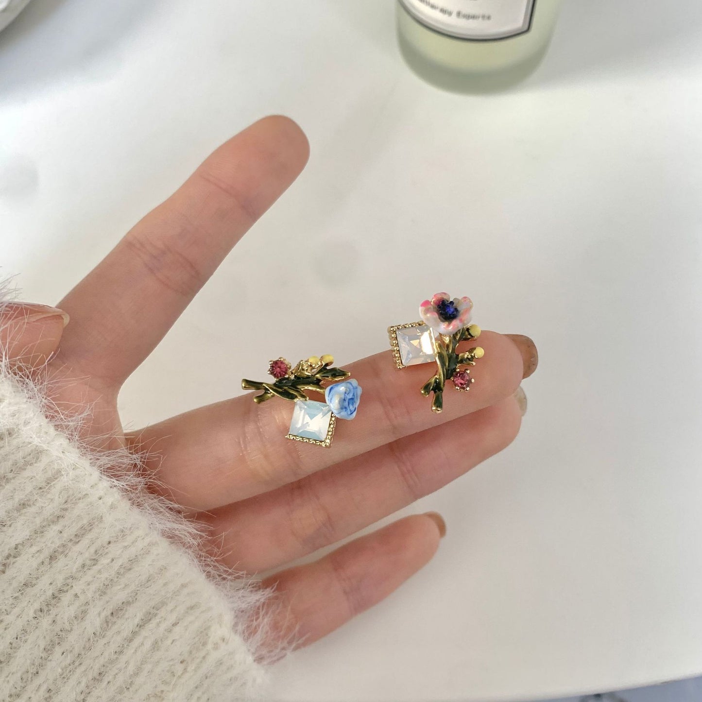 Enamel Glaze Flower Sier Needle Fashion Grass Drop Oil Asymmetric Earrings