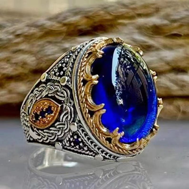 Men's Artisan Diamond Blue Gem Carved Vintage Rings