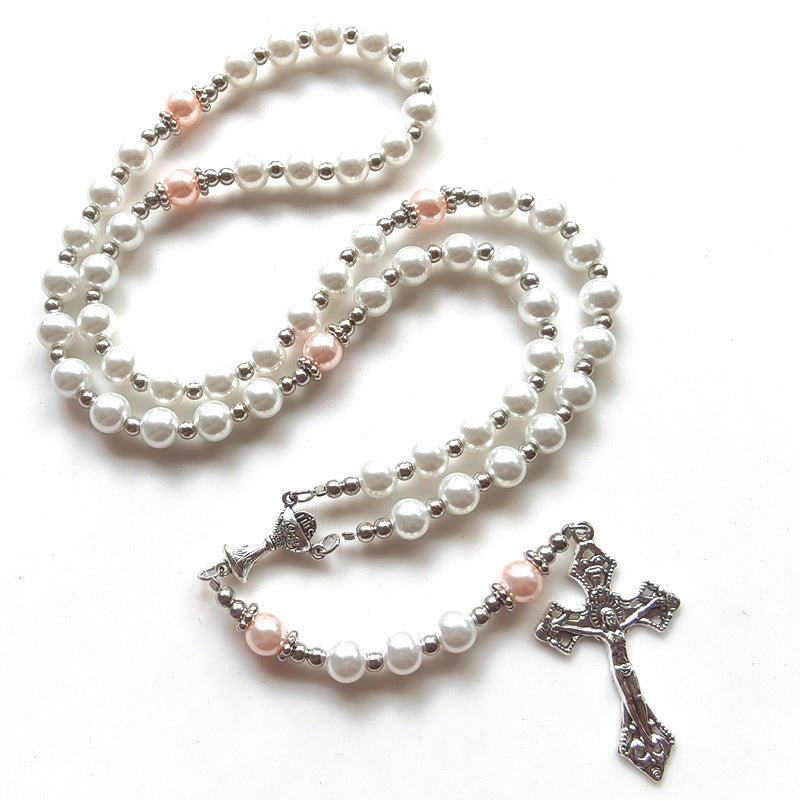 Glass Pearl Handmade Beaded Cross Long Necklaces