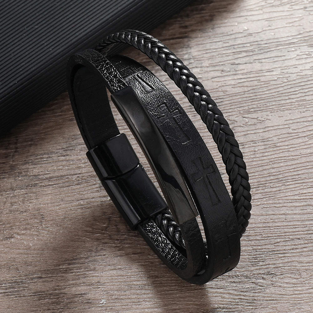 Men's Ornament Printed Cross Leather Woven Magnetic Bracelets