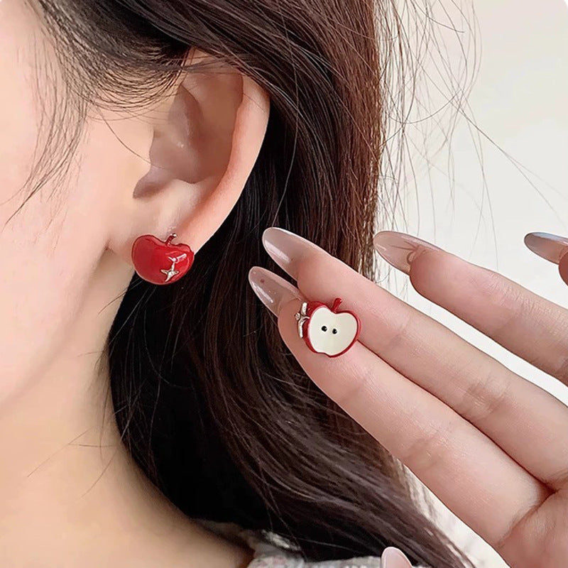 Red Apple Unique Design Asymmetric Cartoon Stud Earrings