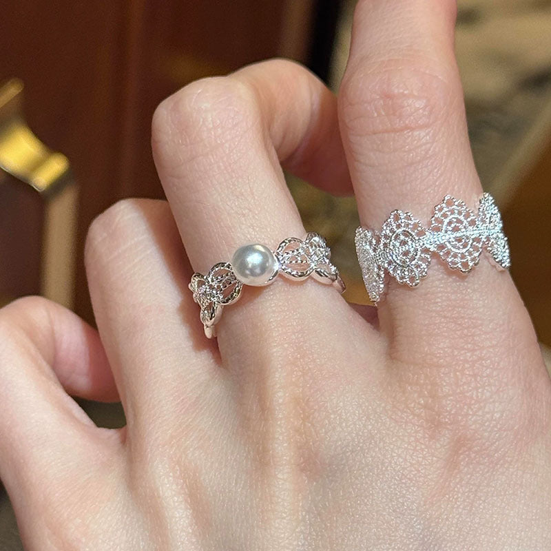 Pearl Lace Wide Mouth Stacked Female Light Luxury Minority High-grade Ring