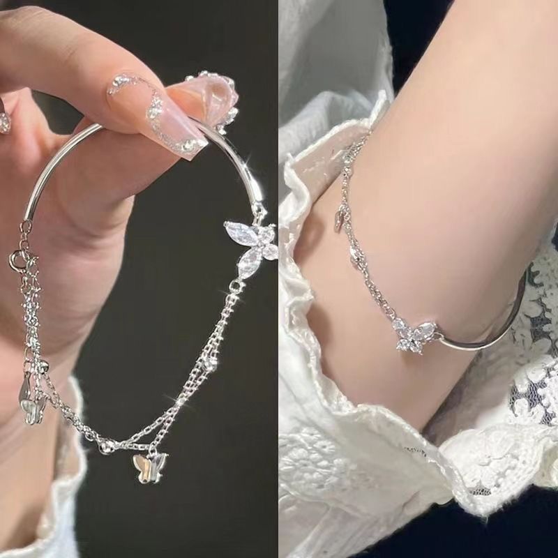 Half Butterfly Broken Feeling Rhinestone Double Layer Chain Cool Little Bracelets