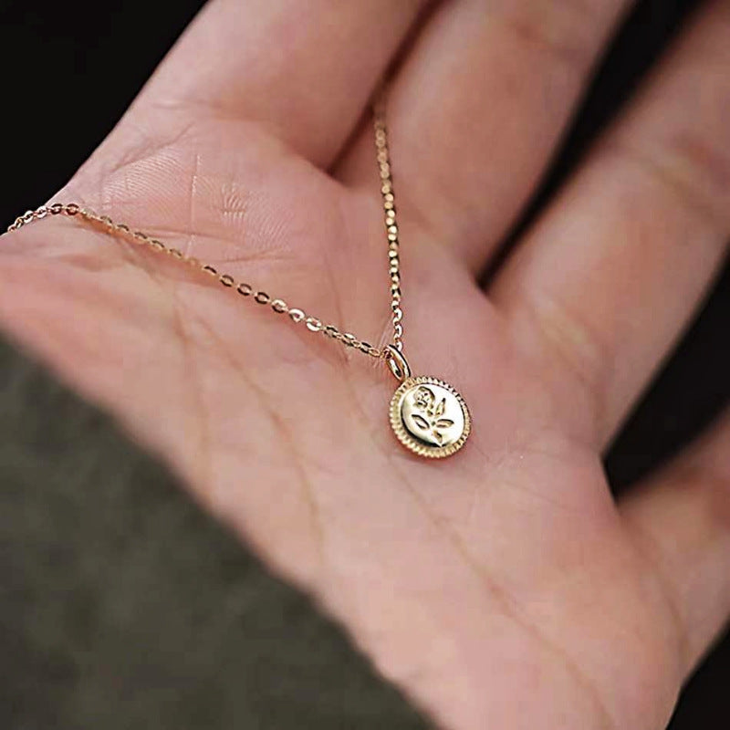 Sterling Sier Gold-plated Roses Round Plate Female Necklace