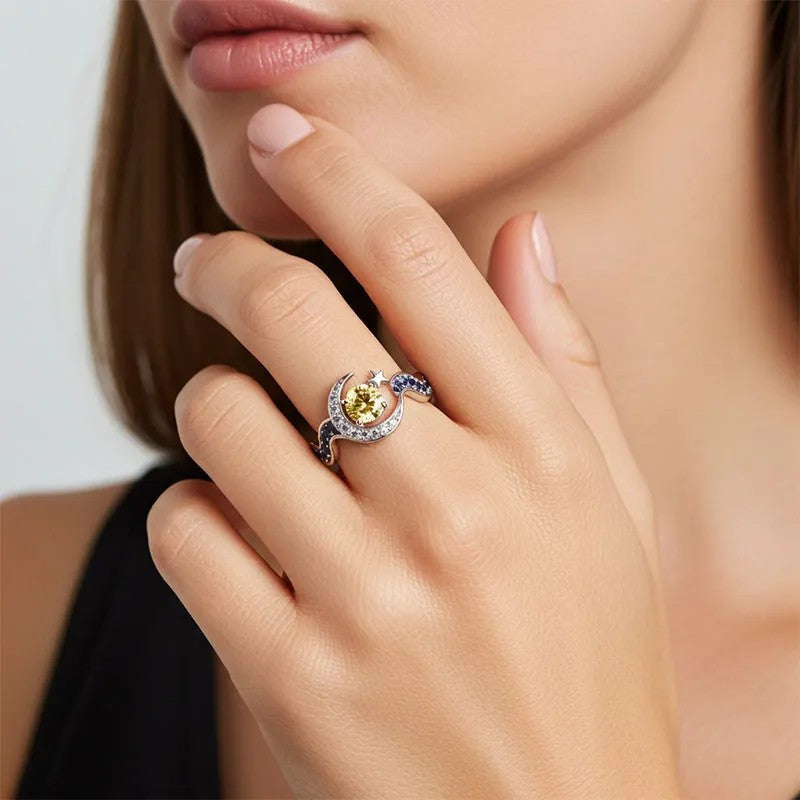 Inlaid Zircon Crescent Tooth Star Moon Creative Water Wave Yellow Ring