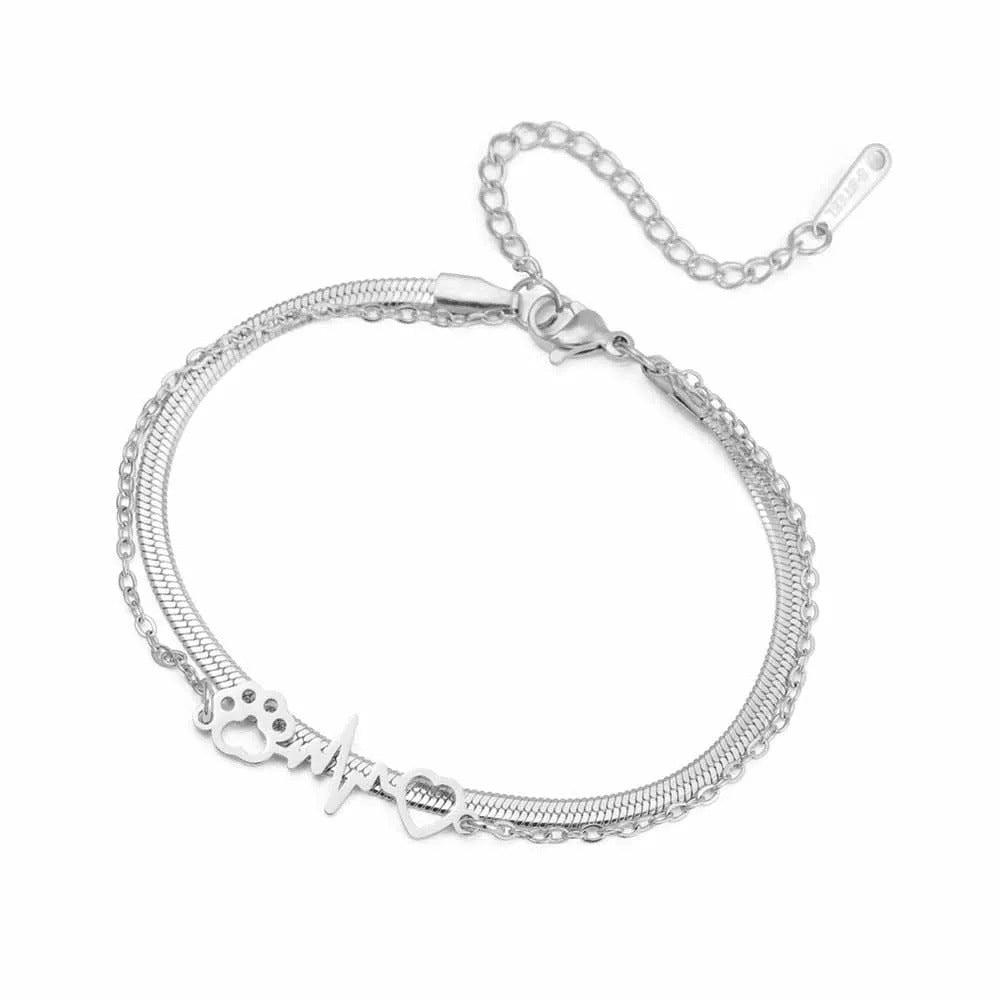 Women's Heart Cat's Paw Charm Stainless Steel Wax Bracelet