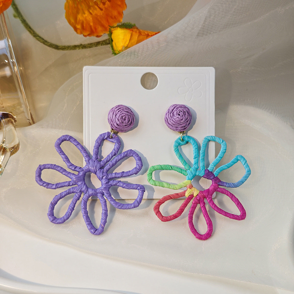 Female Personality Color Handmade Woven Raffia Earrings
