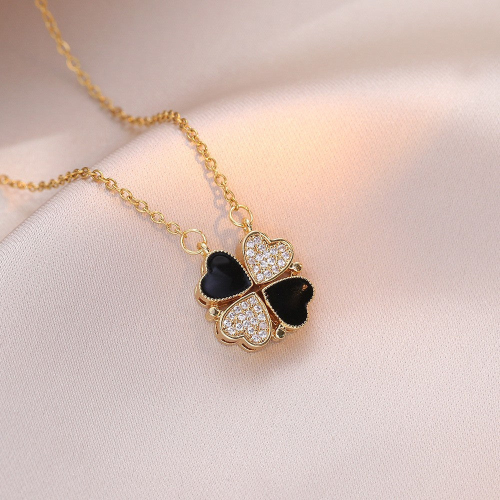 Women's Steel Cross Chain Open Close Four-leaf Flower Necklace