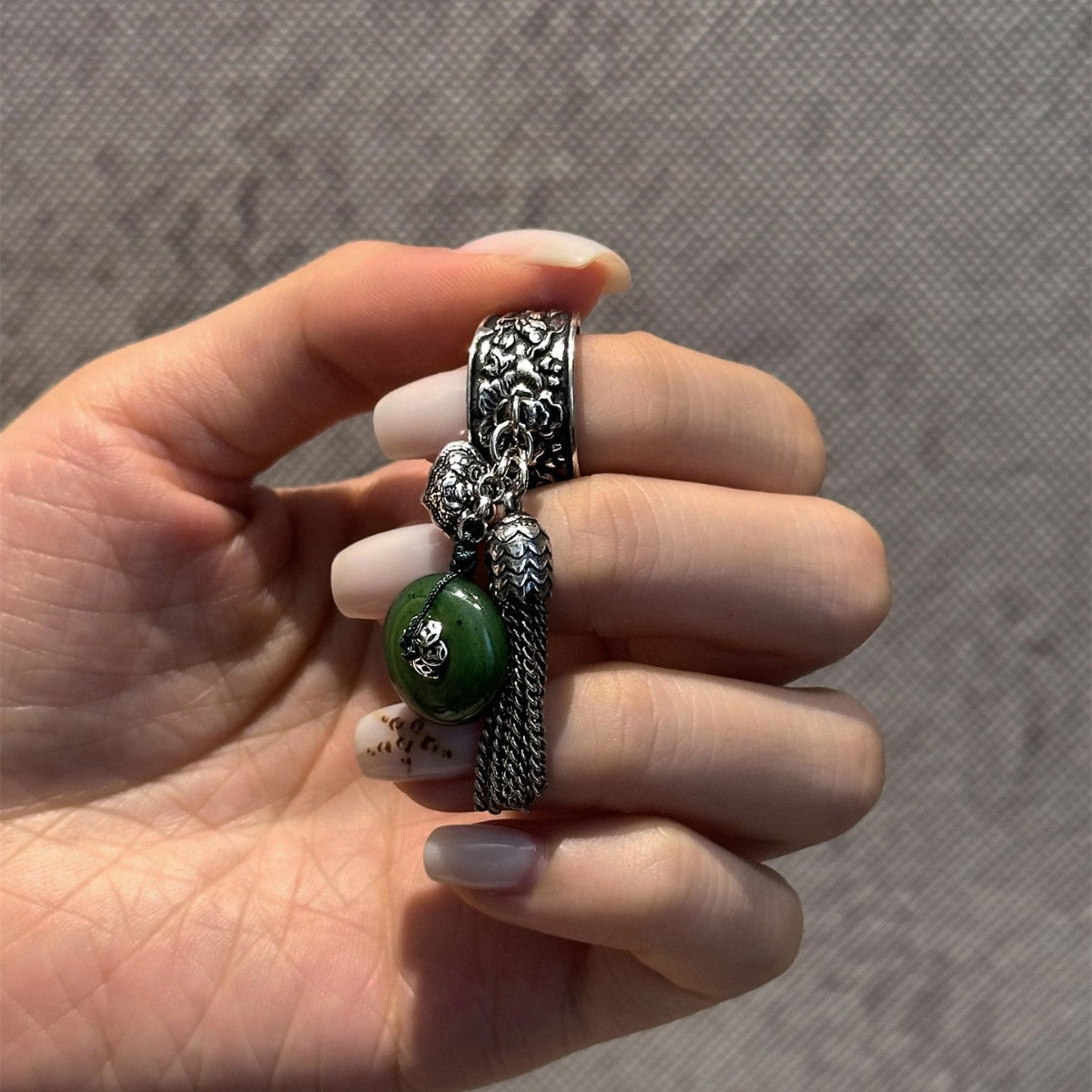 Chinese Retro Jasper Peace Buckle Female Tassel Ring