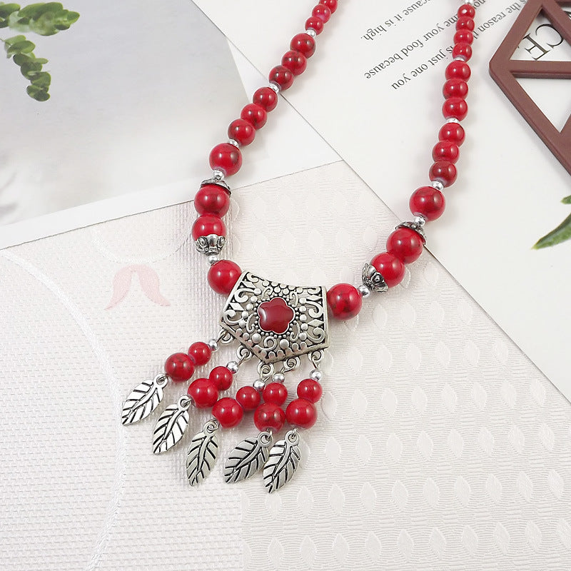 Retro Ethnic Style Crescent Leaf Tassel Forehead Exotic Necklace