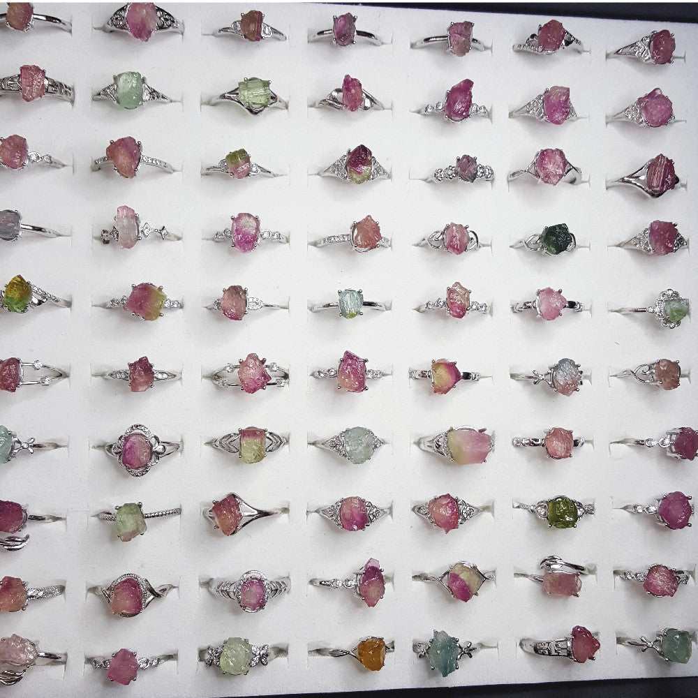 Watermelon Tourmaline Rough Stone Sterling Sier Female Random Small Sugar Ring