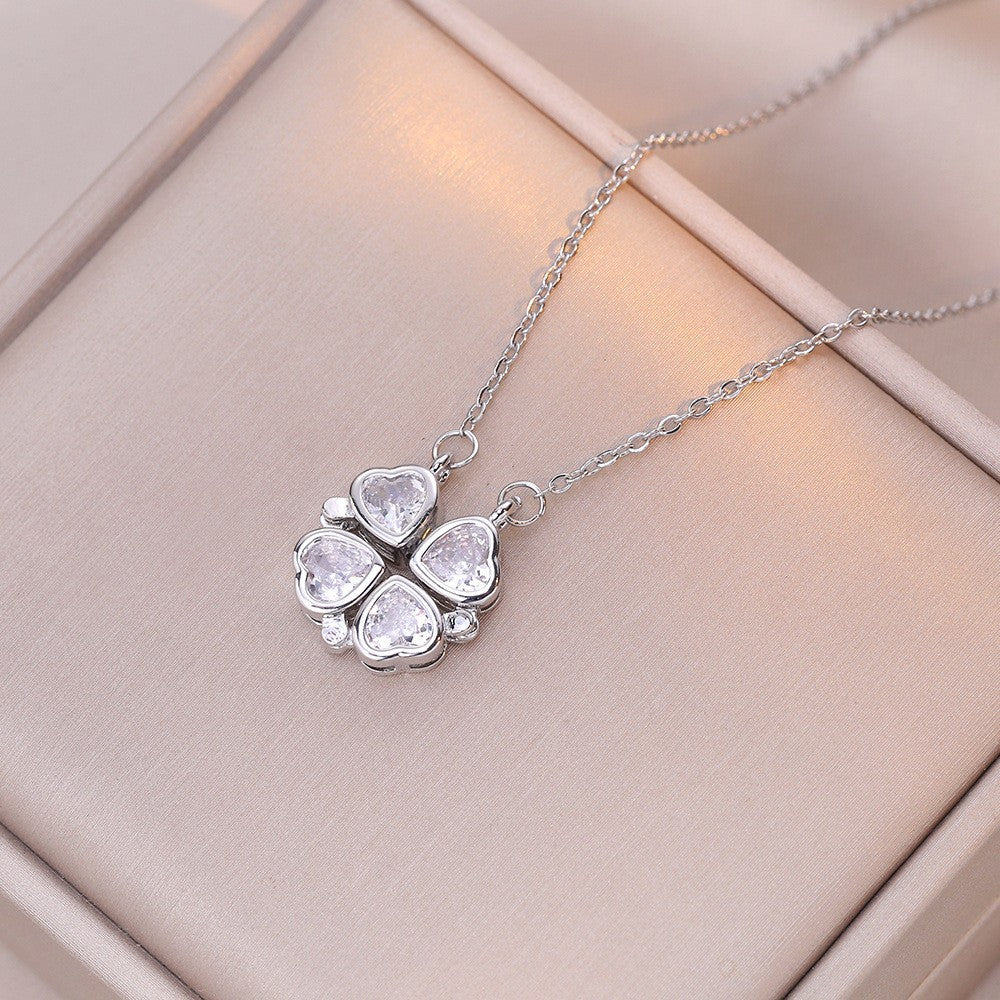 Women's Steel Cross Chain Open Close Four-leaf Flower Necklace