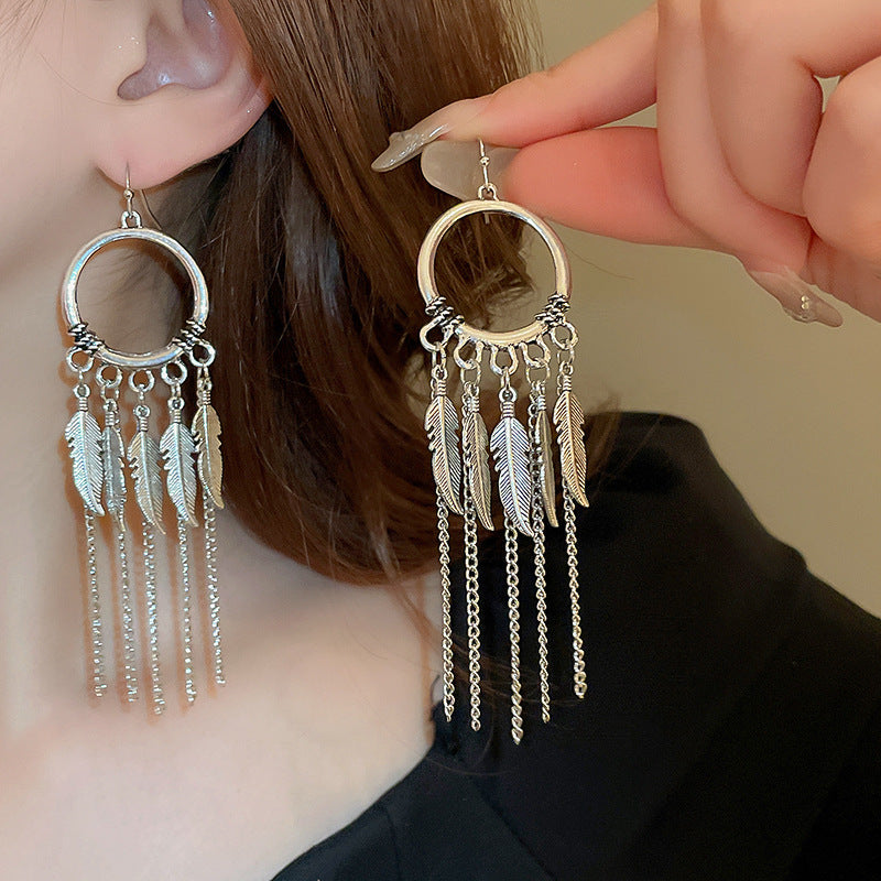 Women's Phoenix Crescent Tassel Niche Retro Design Earrings