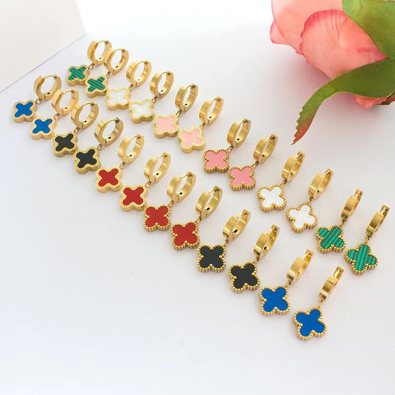 Gold Titanium Steel Short Clip Lucky Four-leaf Clover Rings