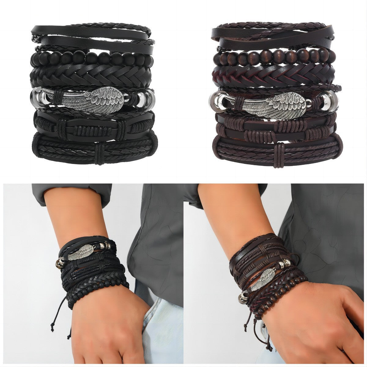 Men's Combination Vintage Leather Carrying Strap Wings Alloy Bracelets