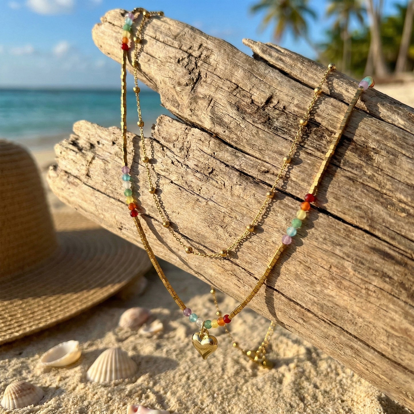 Beaded Double Layer Twin Vacation Style Metal Chain Love Necklaces