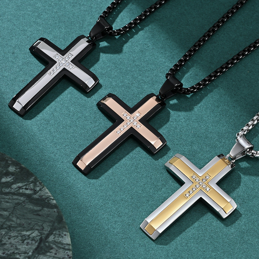 Men's Steel Two-tone Inlaid Cross Vintage Hip Pendants